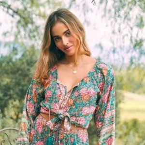 Arnhem Amberley Long Sleeve Blouse Emerald Sz M AU 10/ US 6 Floral Forest Green